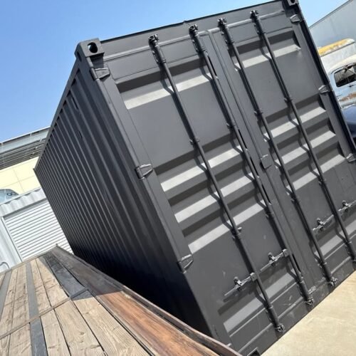 20ft Used Shipping Container – Matte Black w/ 12’ Side Roll-Up Door