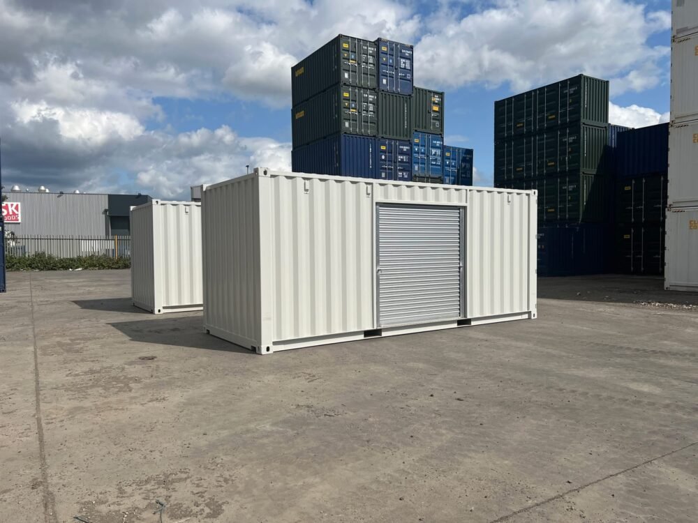 20ft Custom One Trip Shipping Container – Roller Shutter & RAL 7035 Respray