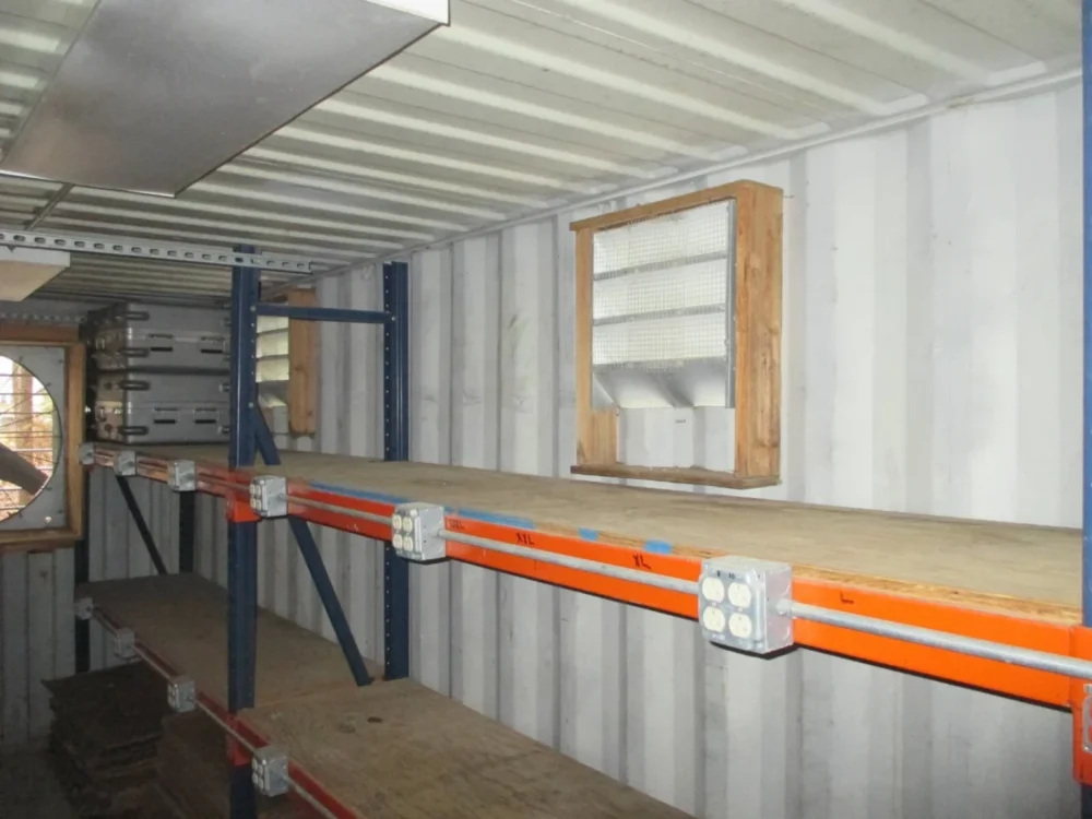 40 ft Container Shop – Climate Controlled Office + Inventory Storage  Racking
